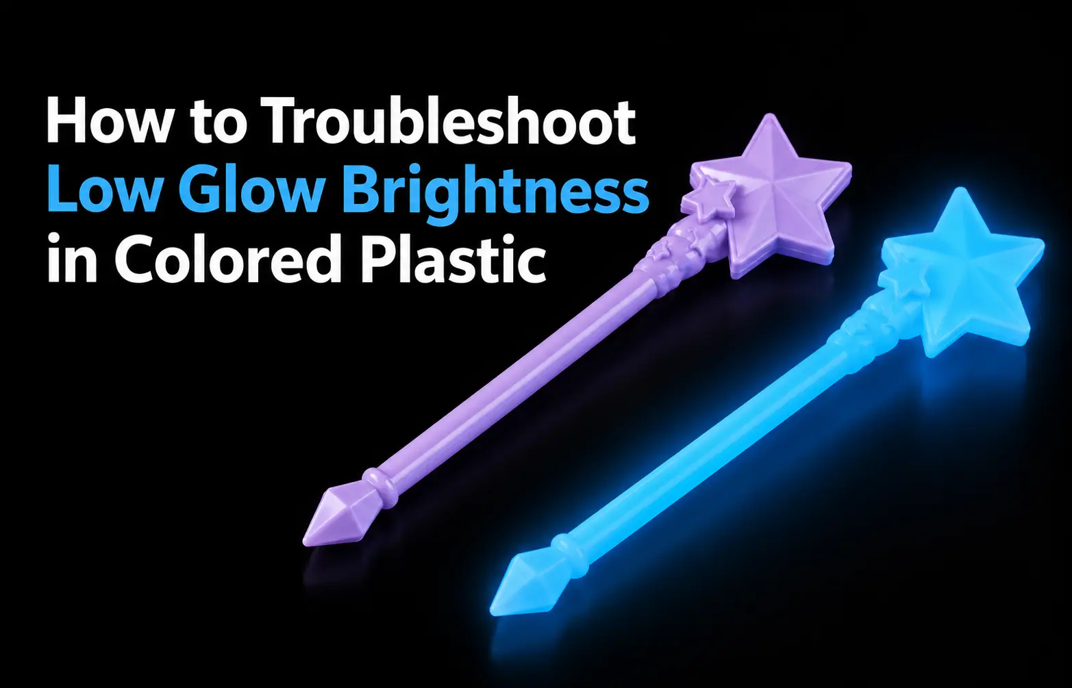 Светящийся в темноте порошок, смешанный с пластиком 9 Purple glow-in-the-dark plastic star wand shown in normal color and blue glow